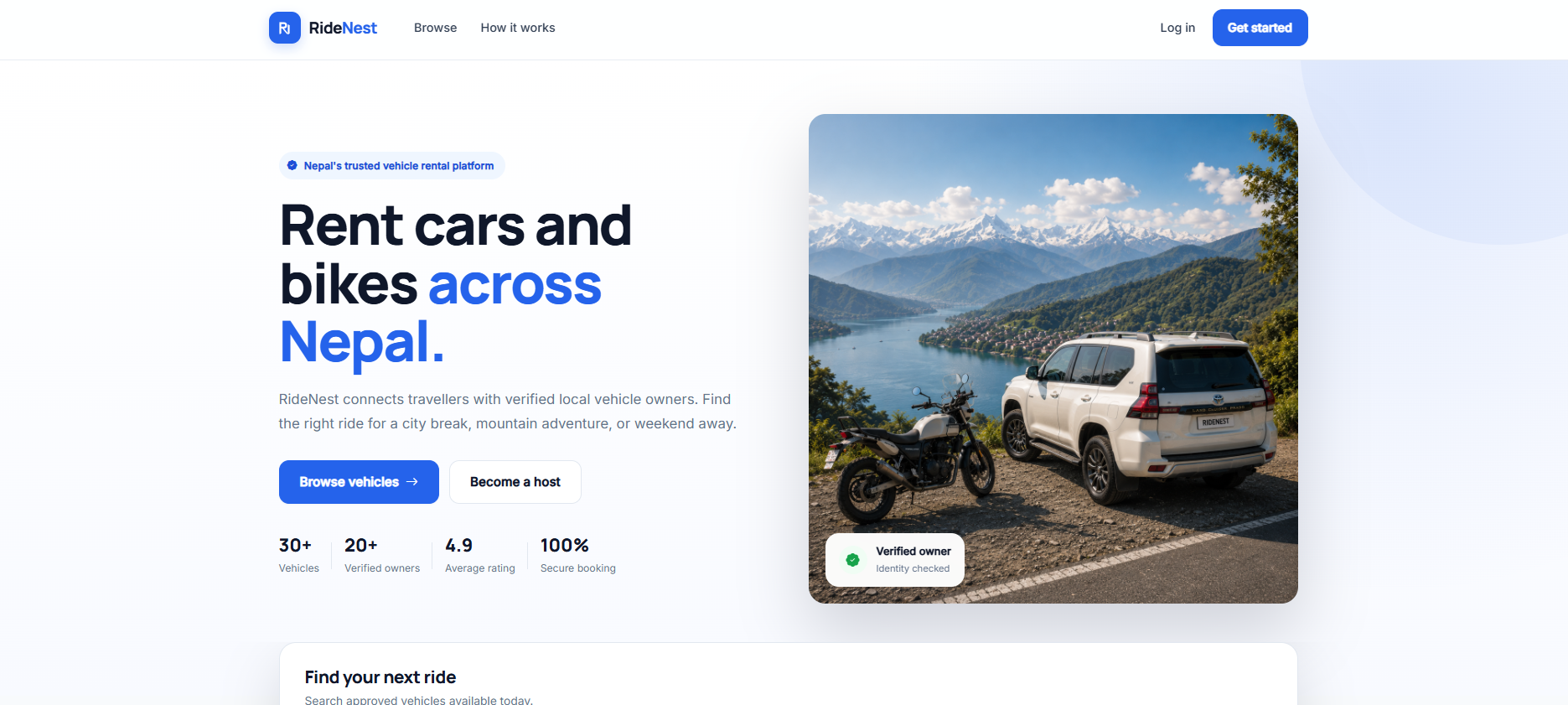 RideNest vehicle rental marketplace homepage